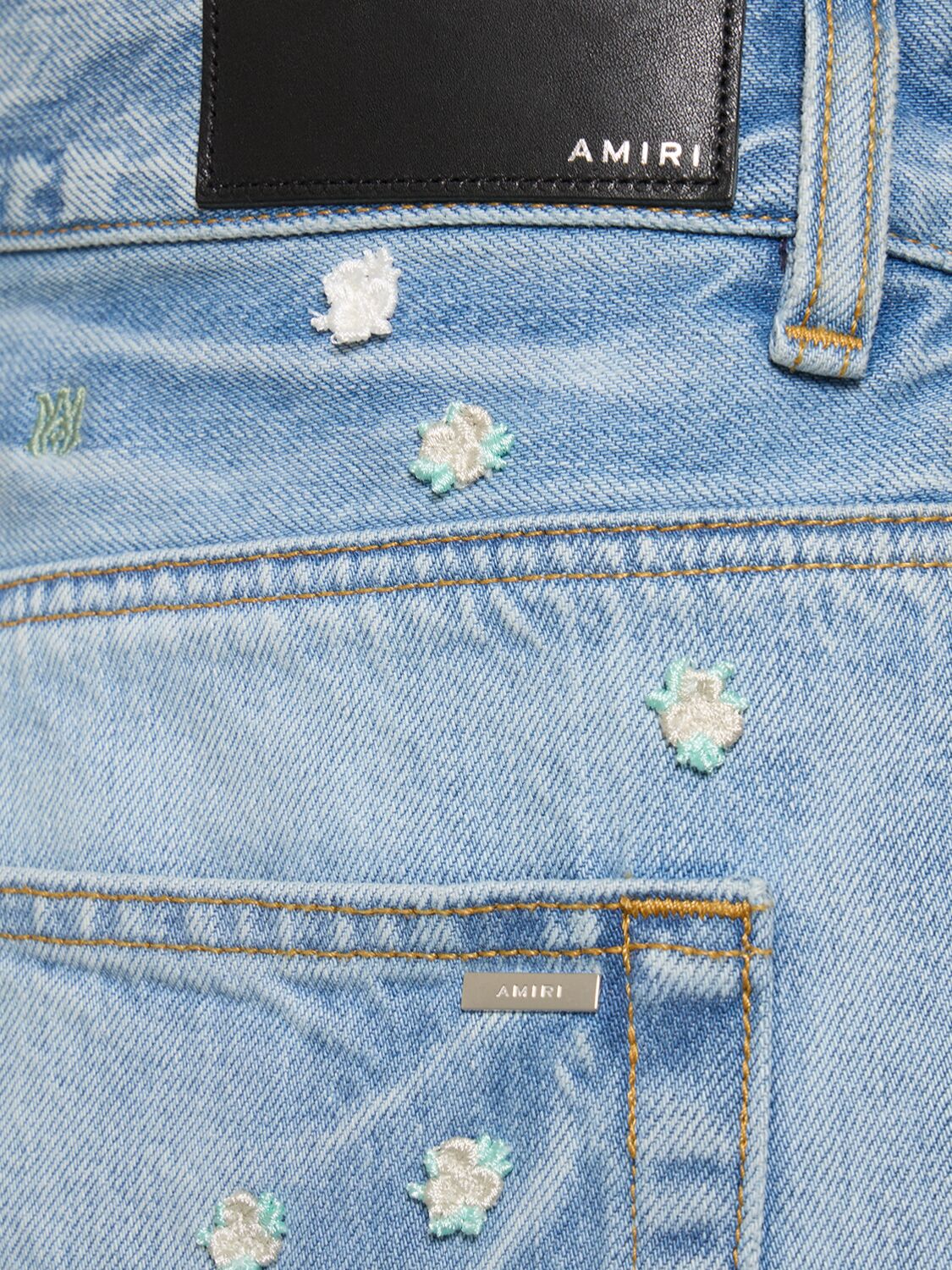 Shop Amiri Floral Embellished Straight Denim Jeans In 인디고