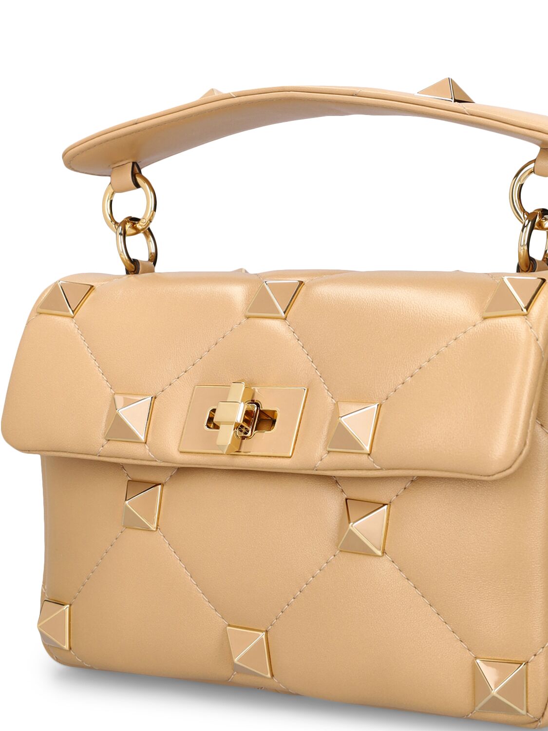 Shop Valentino Roman Stud Leather Top Handle Bag In Cappuccino