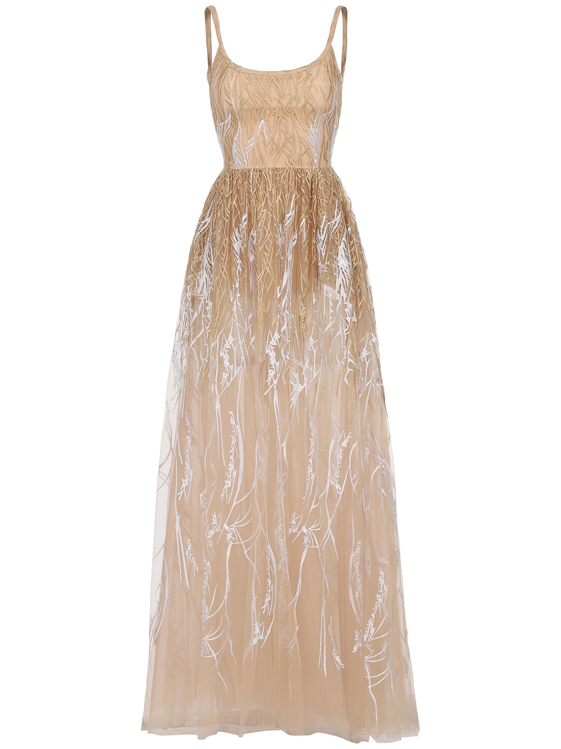 Shop Elie Saab Embroidered Tulle Long Dress In Gold/silver