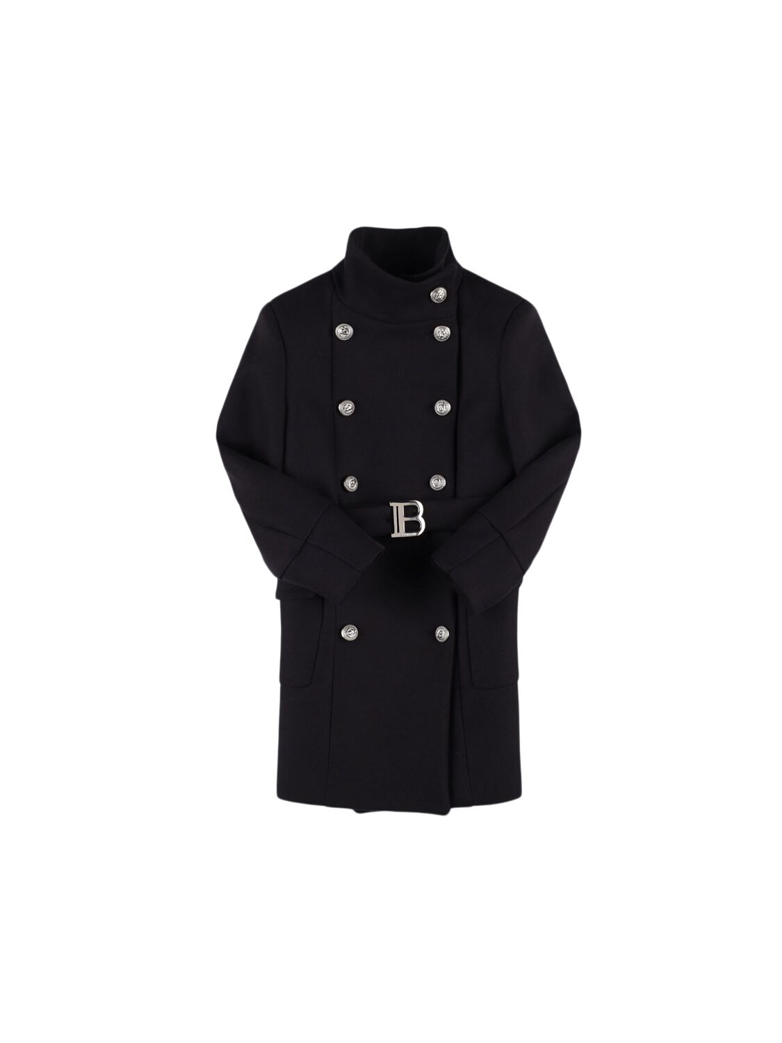 Balmain Double Breast Wool Blend Coat W/ Belt In Dark Blue