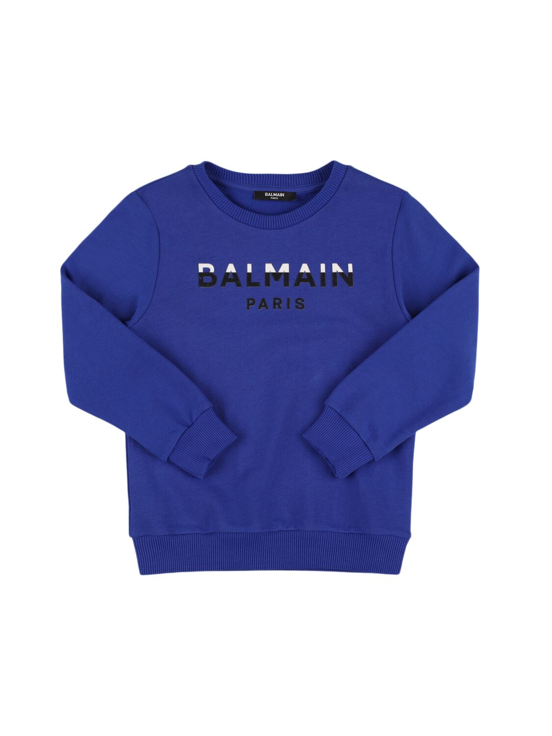 Balmain Printed Logo Cotton Crewneck Sweatshirt In Blue