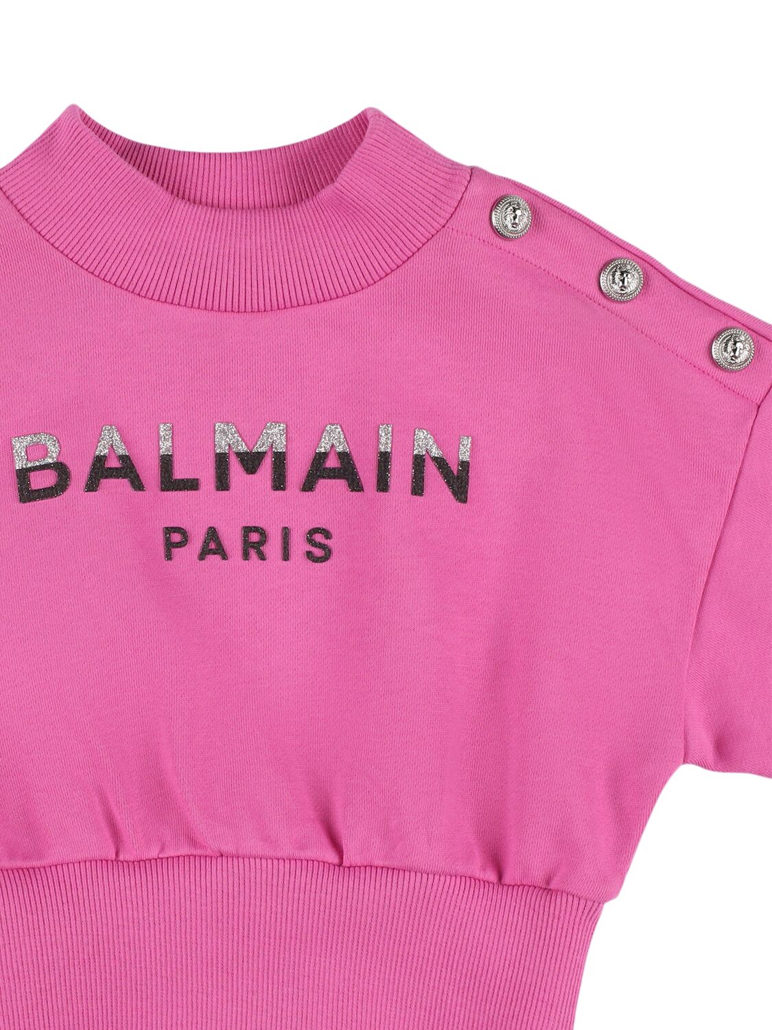 Shop Balmain Glitter Logo Printed Cotton Sweatshirt In Fuchsia