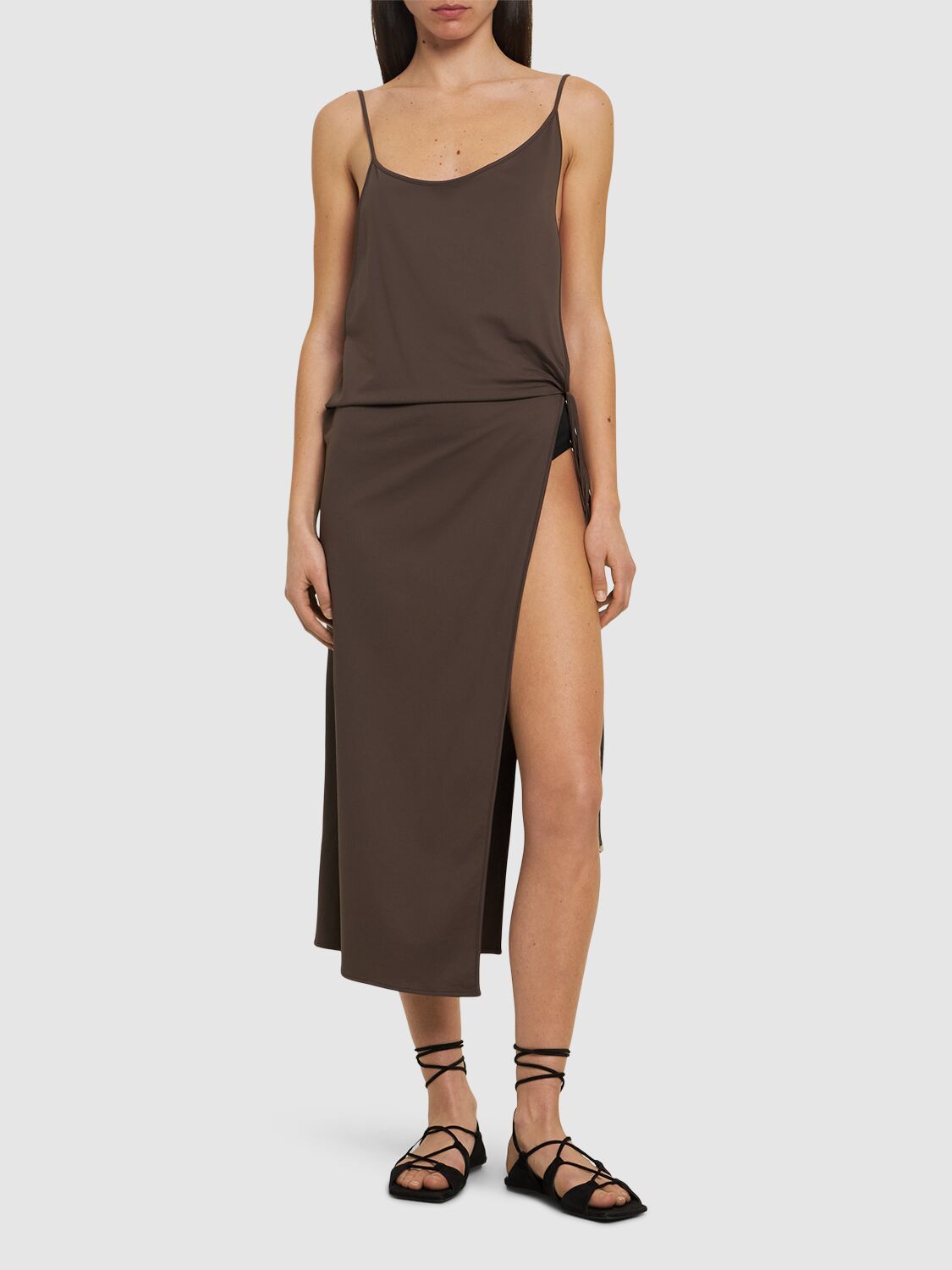 Shop Attico Lycra Side Slit Midi Dress In Brown