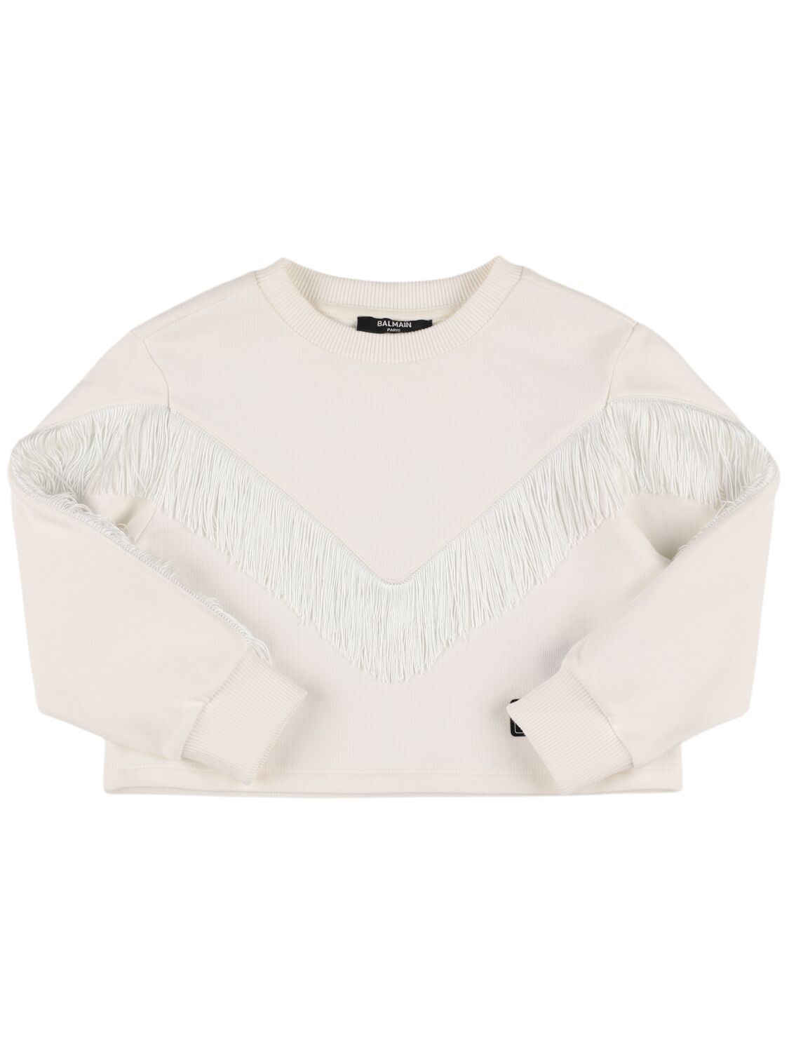 Balmain Cropped Cotton Sweatshirt W/ Fringe In Neutral