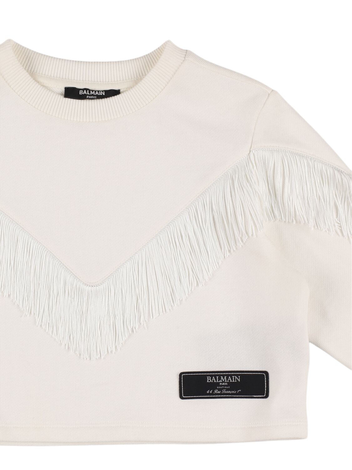 Shop Balmain Cropped Cotton Sweatshirt W/ Fringe In White