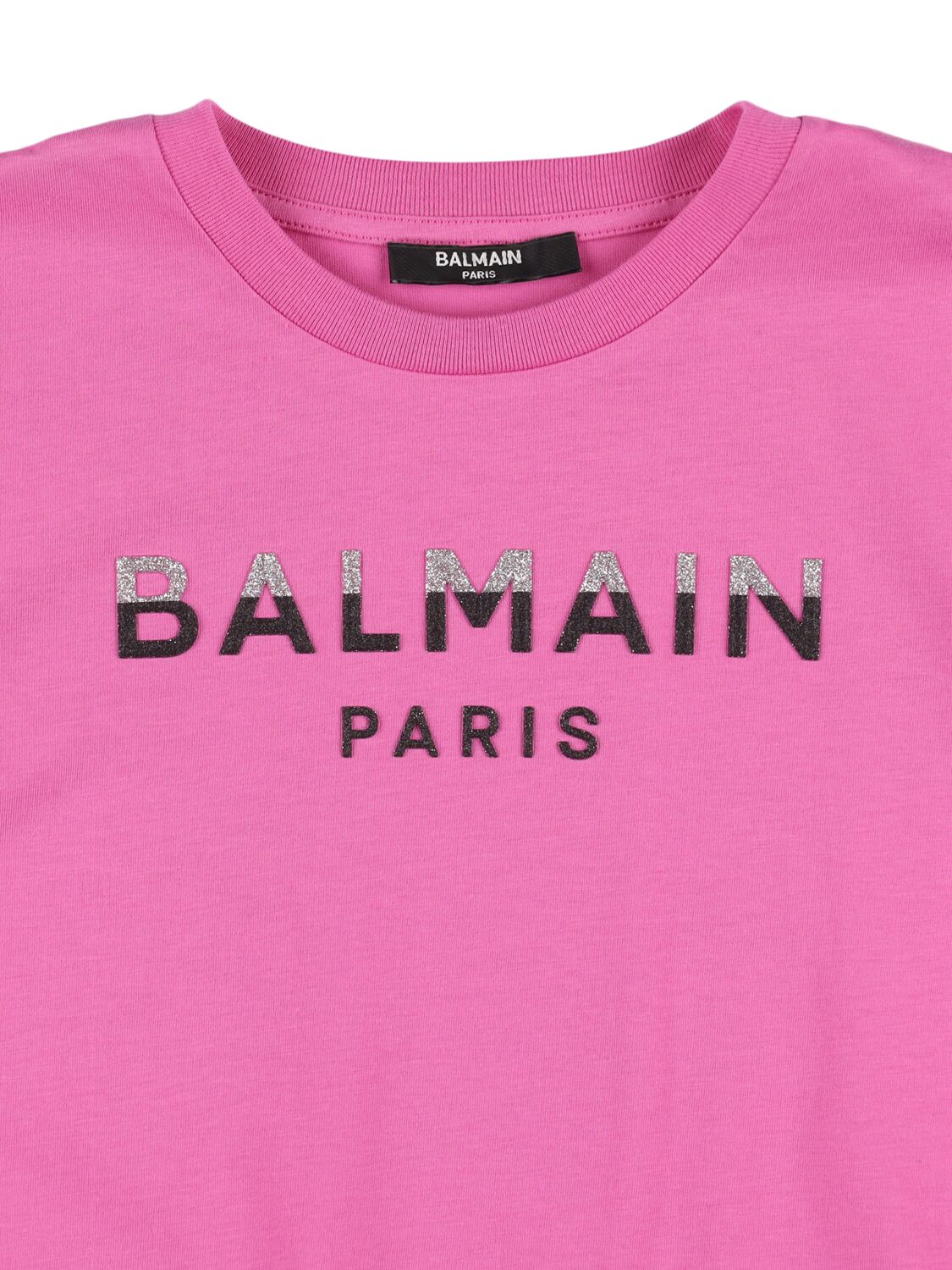 Shop Balmain Printed Logo Cotton Jersey T-shirt Dress In Fuchsia