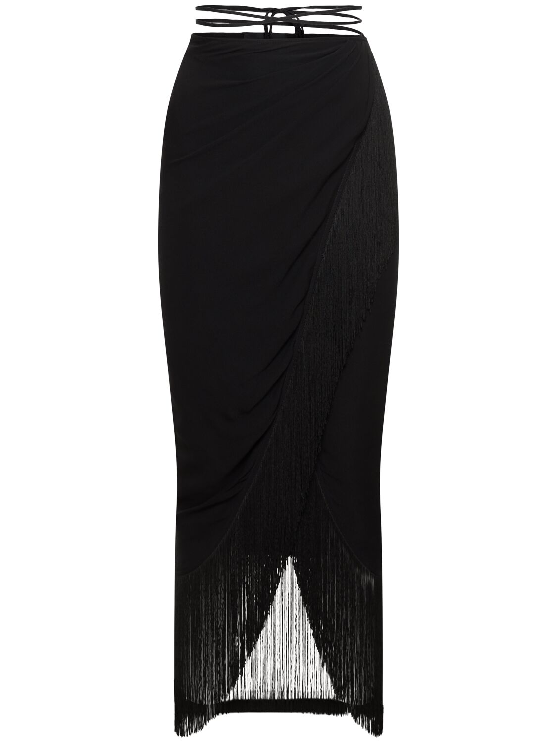 The Andamane Jacky Fringed Silk Midi Wrap Skirt In Black