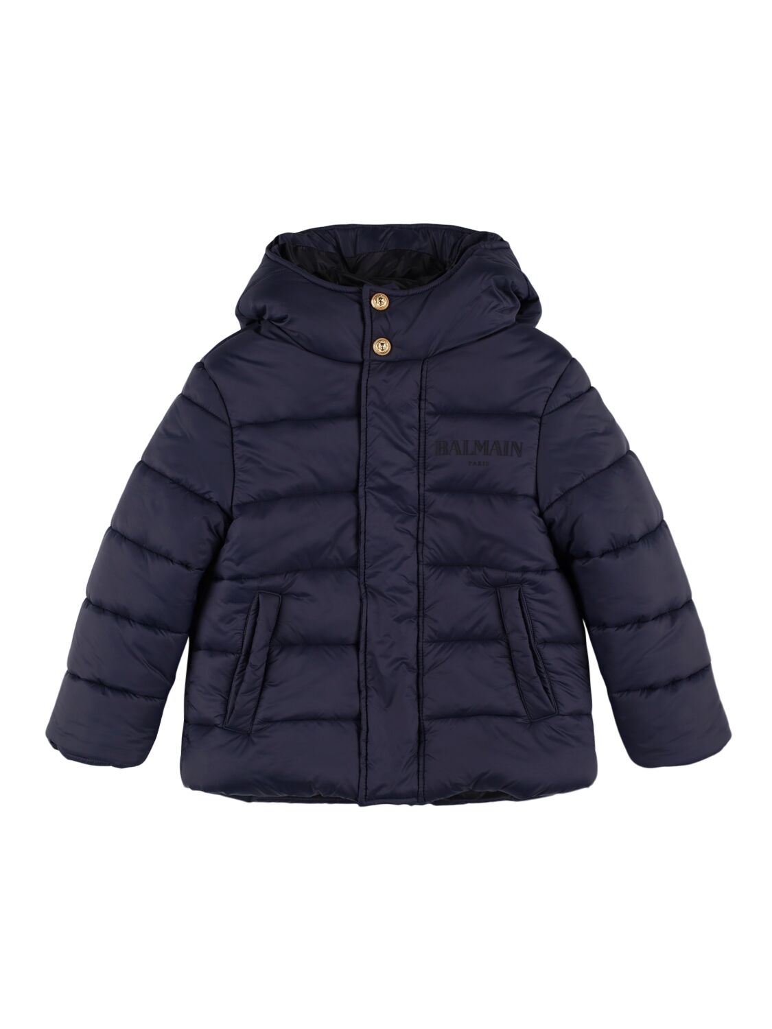 Balmain Hooded Poly Puffer Jacket In Blue/black