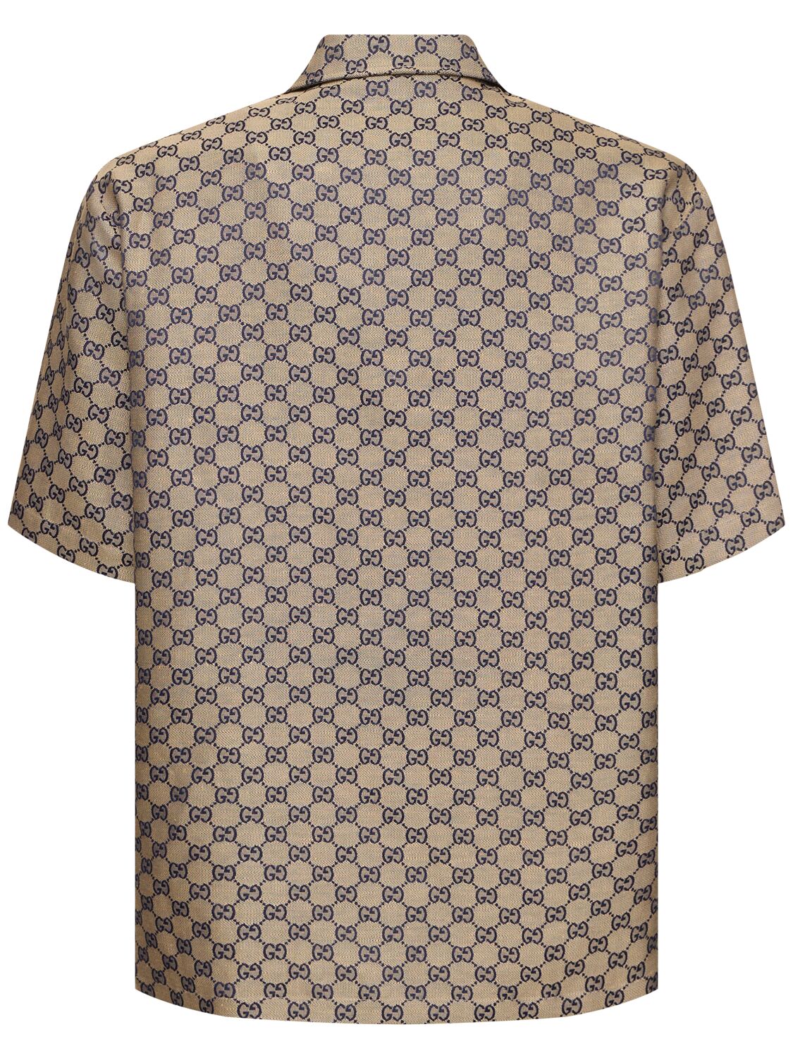 Shop Gucci Gg Linen Blend Canvas Shirt In Oatmilk/blue