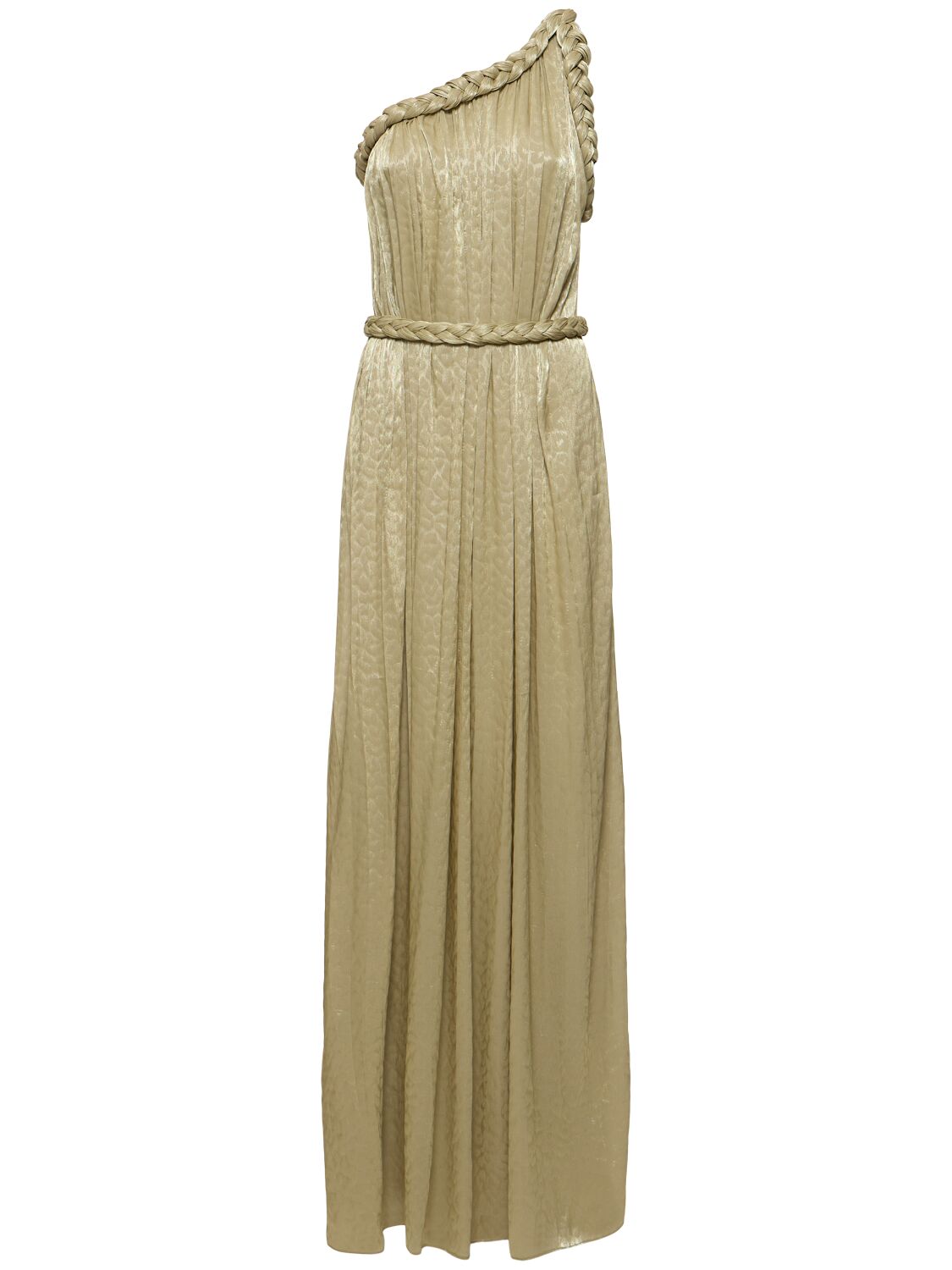 Costarellos Isilda One Shoulder Lurex Long Dress In Olive Gold