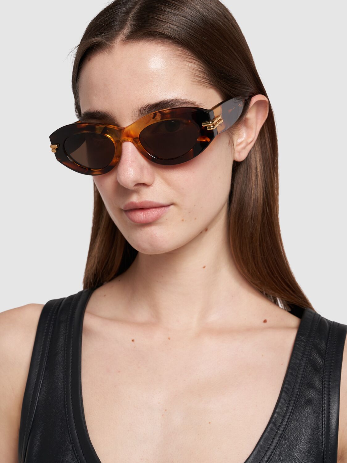 Shop Bottega Veneta Bv1322s Mitre Acetate Oval Sunglasses In Havana