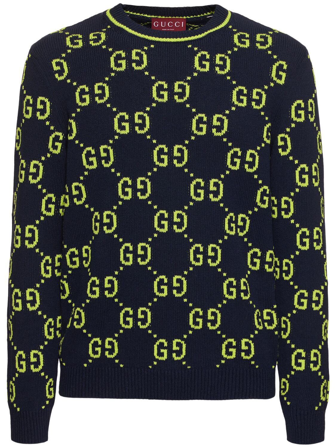 Gucci Gg Allover Cotton Crewneck Sweater In Navy,lime