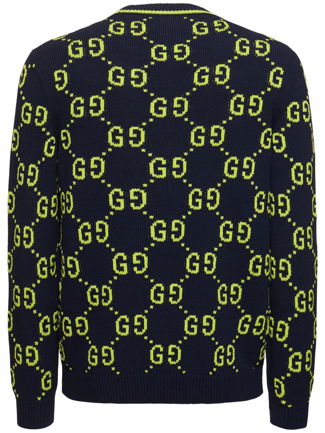 Shop Gucci Gg Allover Cotton Crewneck Sweater In Navy,lime