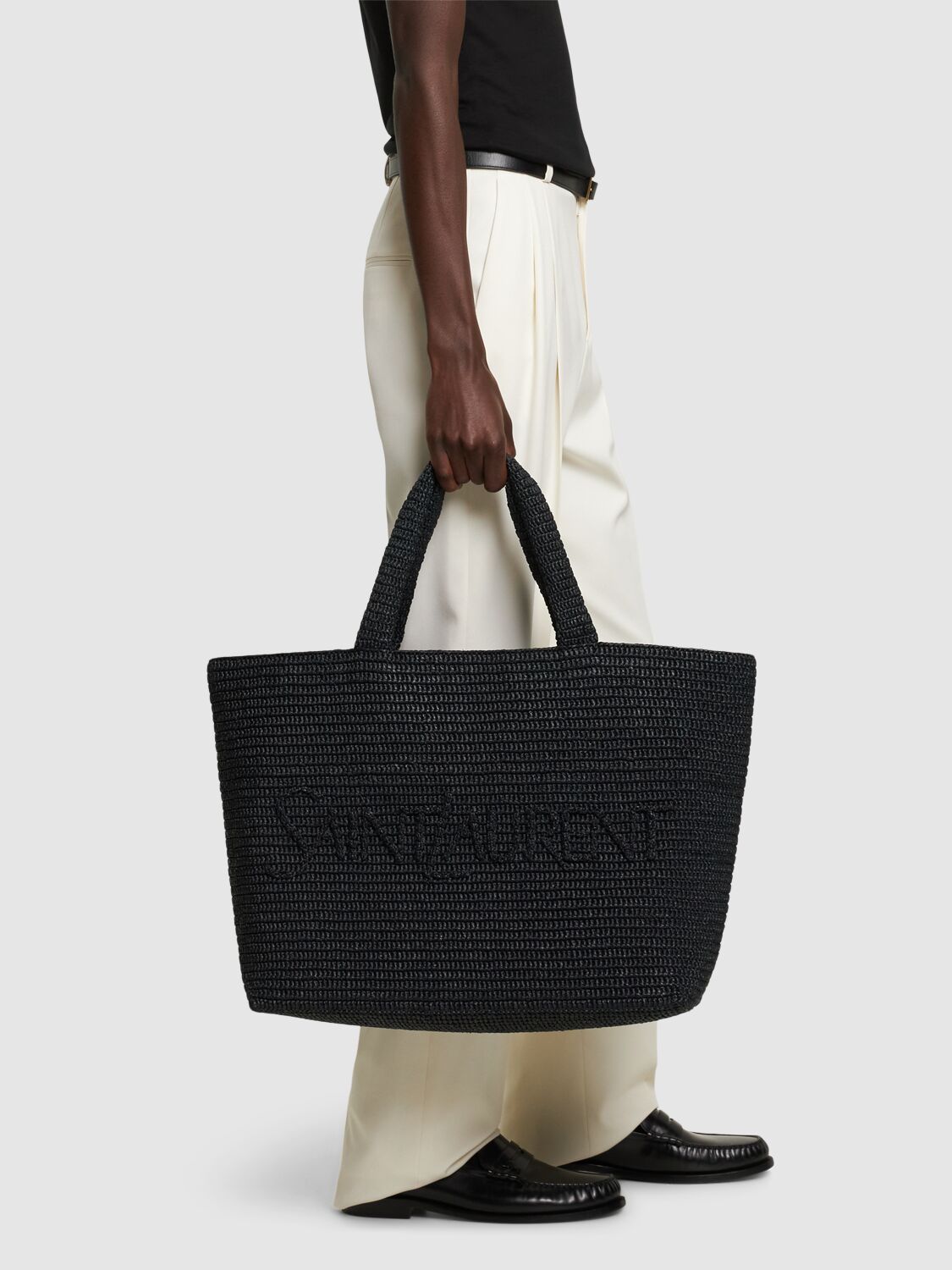 Shop Saint Laurent Sl Raffia Tote Bag In Black