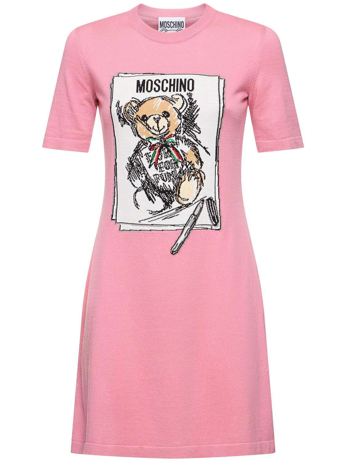Moschino Printed Cotton Knit S/s Mini Dress In Blue