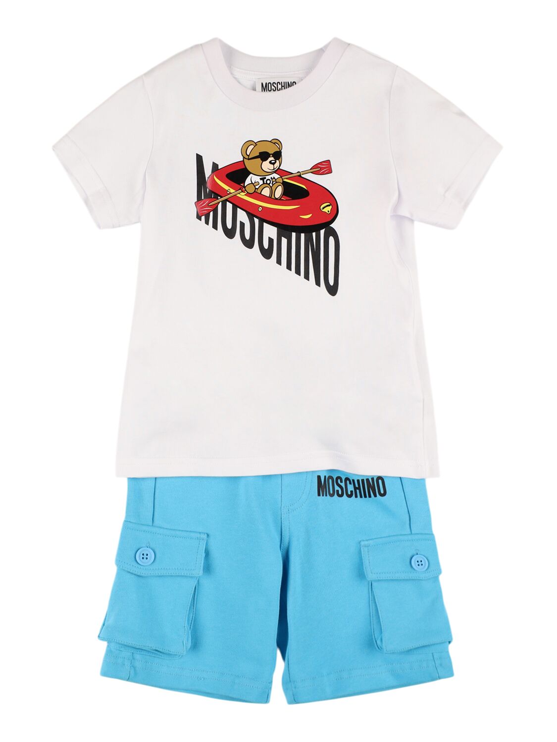 Moschino Kids' Cotton Jersey T-shirt & Sweat Shorts In White,blue