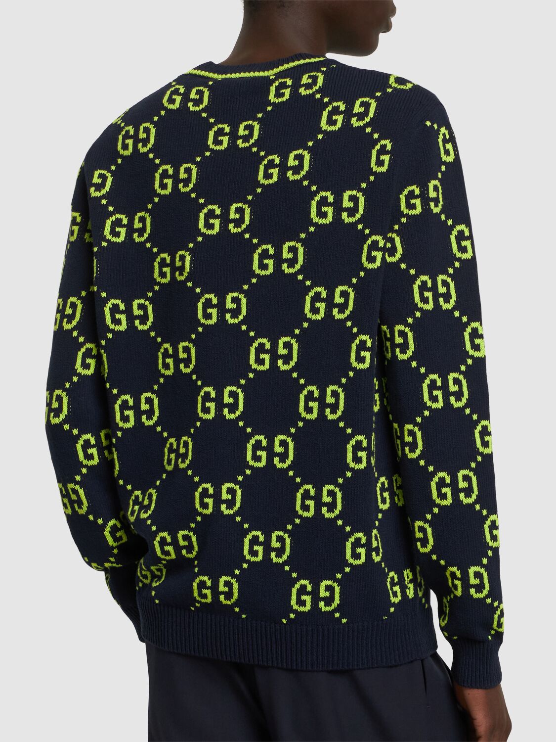 Shop Gucci Gg Allover Cotton Crewneck Sweater In Navy,lime