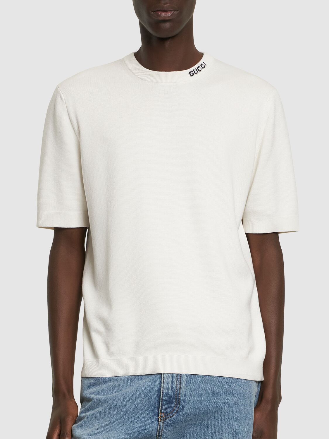 Shop Gucci Logo Intarsia Silk & Cotton T-shirt In White