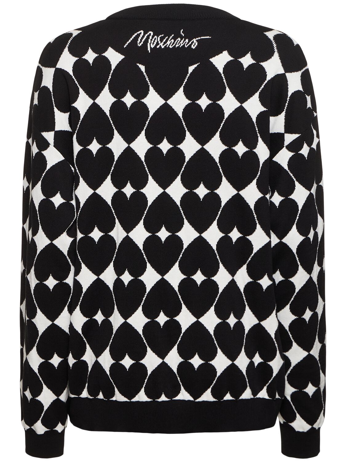 Shop Moschino Printed Cotton Knit Sweater In White/black