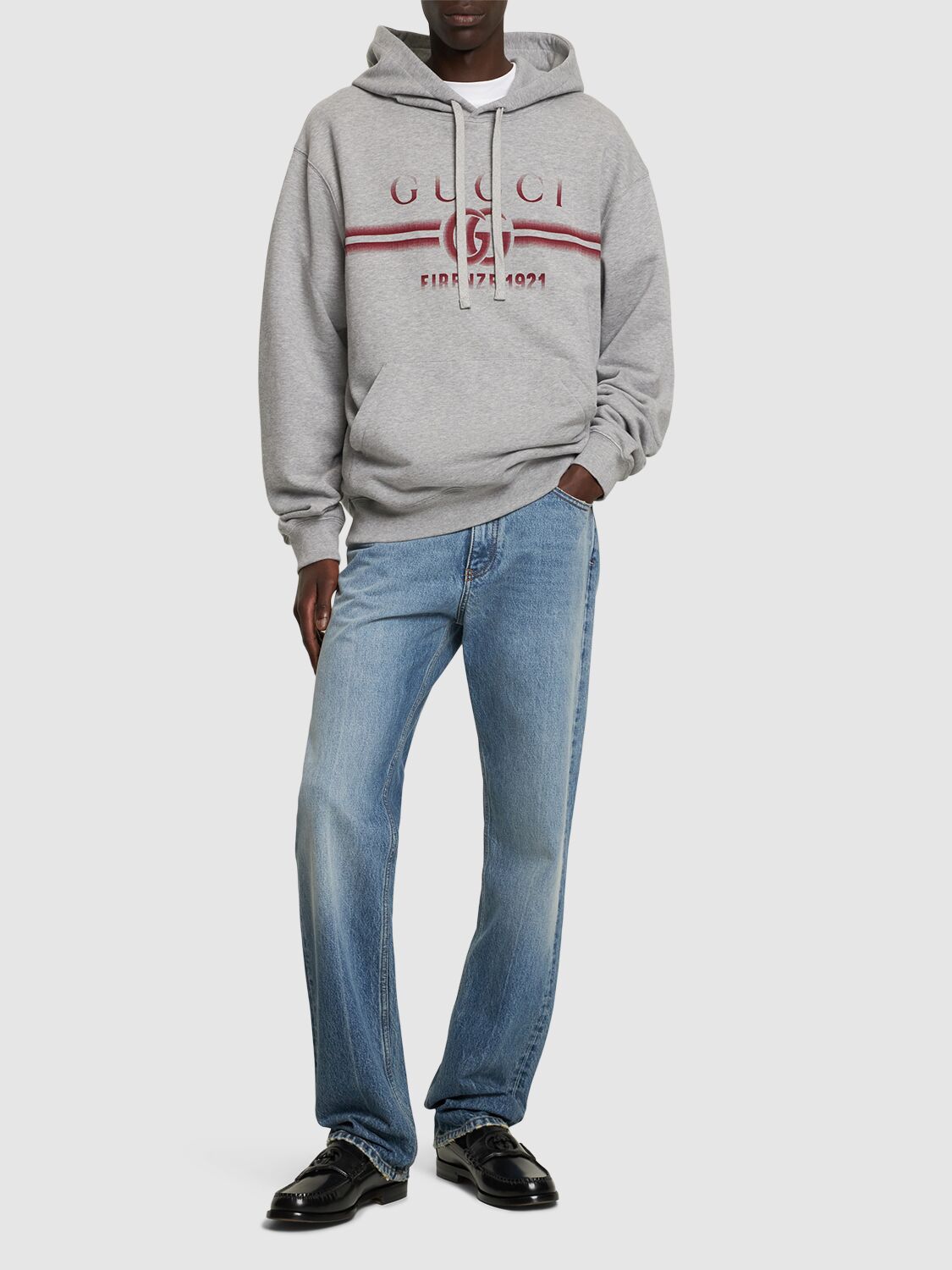 Shop Gucci Logo Cotton Jersey Hoodie In Grey