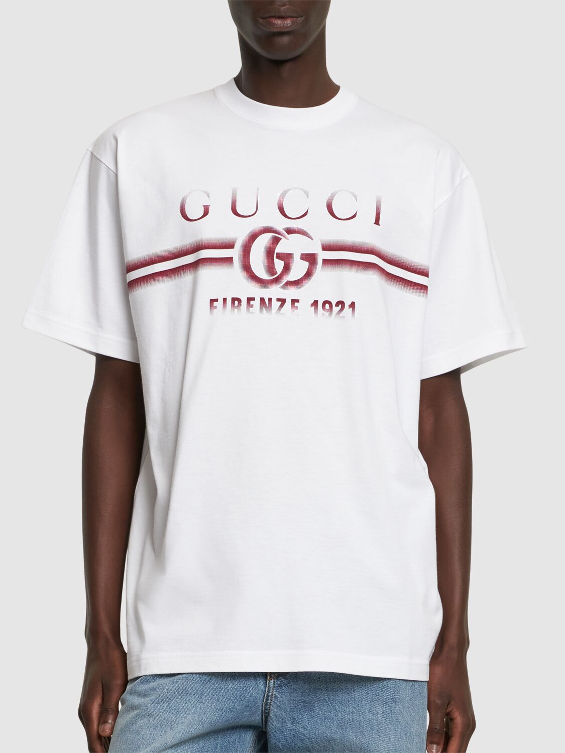 Shop Gucci Printed Cotton Jersey T-shirt In White/red