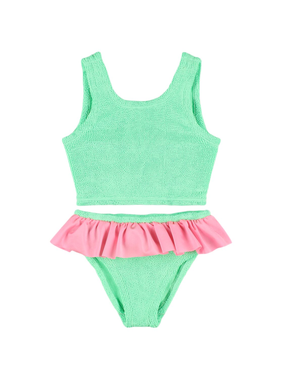 Hunza G Kids' Seersucker Bikini Set W/ Ruffles In 绿黄色,粉红色