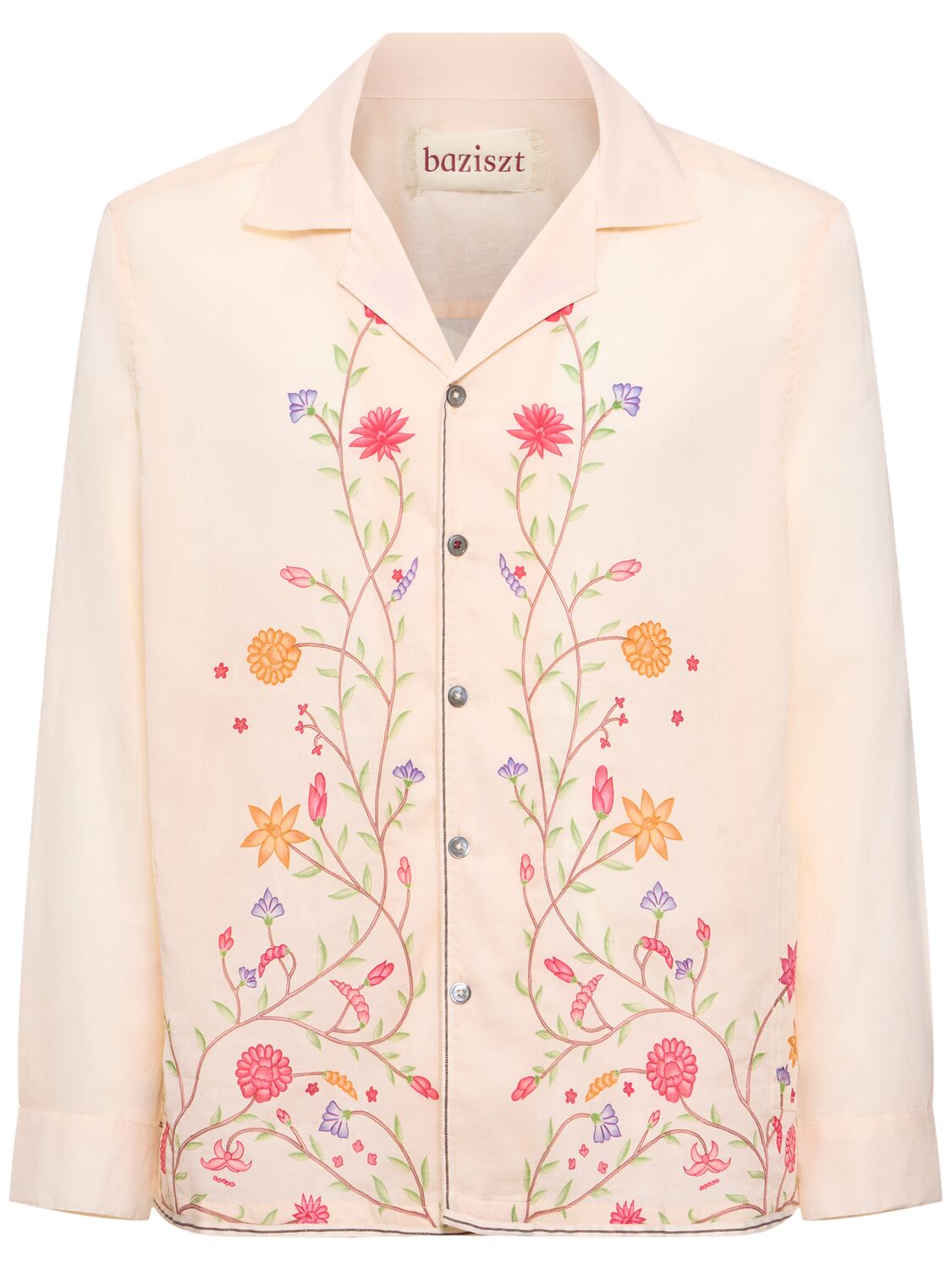 Baziszt Flower Embroidered Cotton Shirt In Beige
