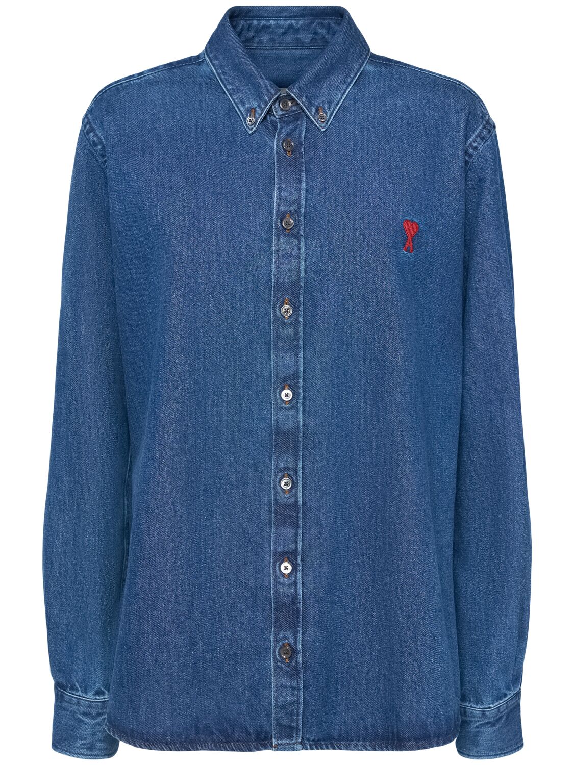 Ami Alexandre Mattiussi Logo Cotton Denim Shirt In Blue