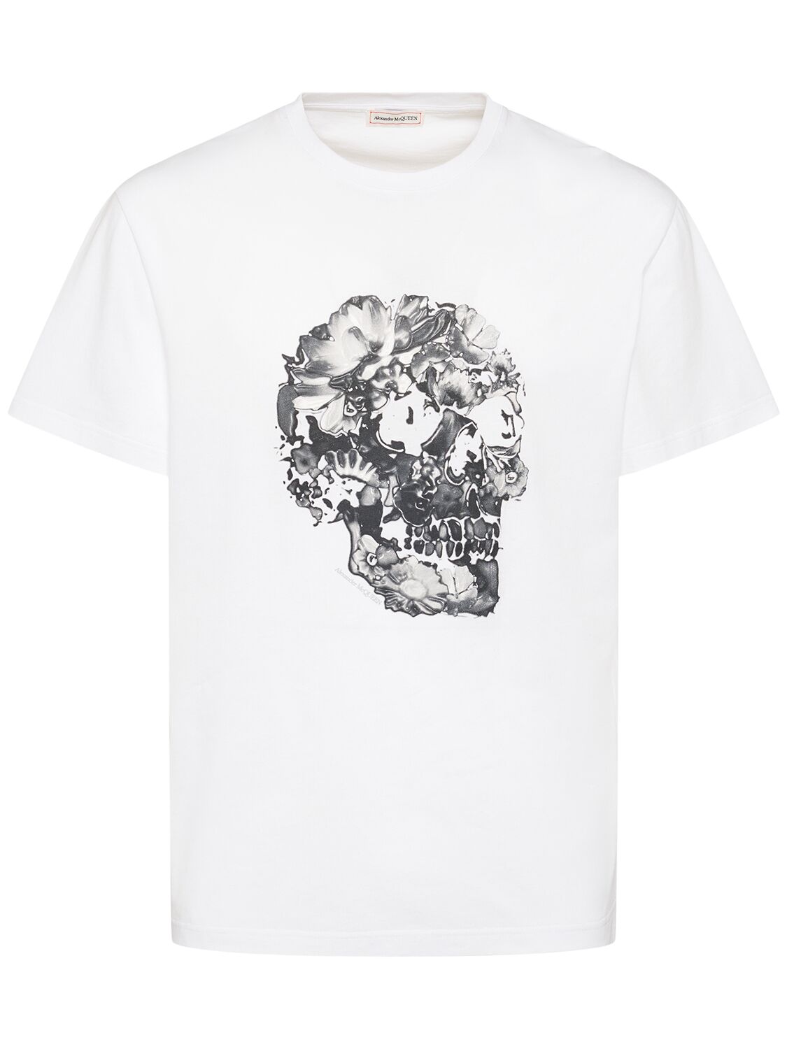 Alexander Mcqueen Wax Flower Skull Print Cotton T-shirt In White,grey