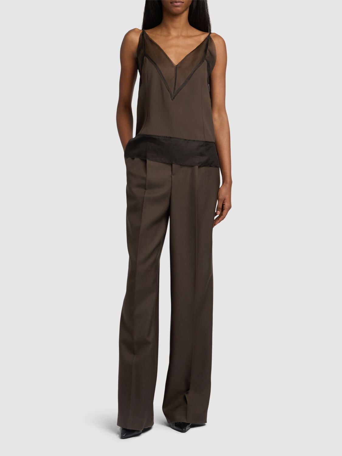 Shop Ami Alexandre Mattiussi Satin & Mesh Tank Top In Brown