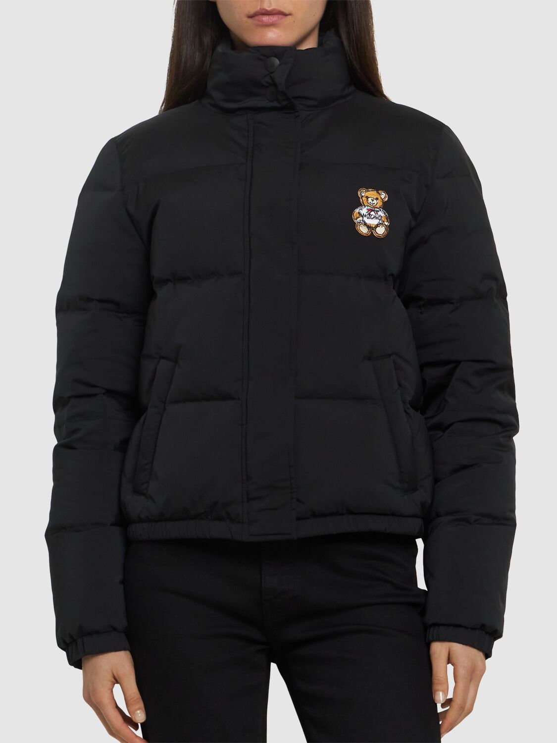 Shop Moschino Nylon Teddy Bear Patch Puffer Jacket In Black