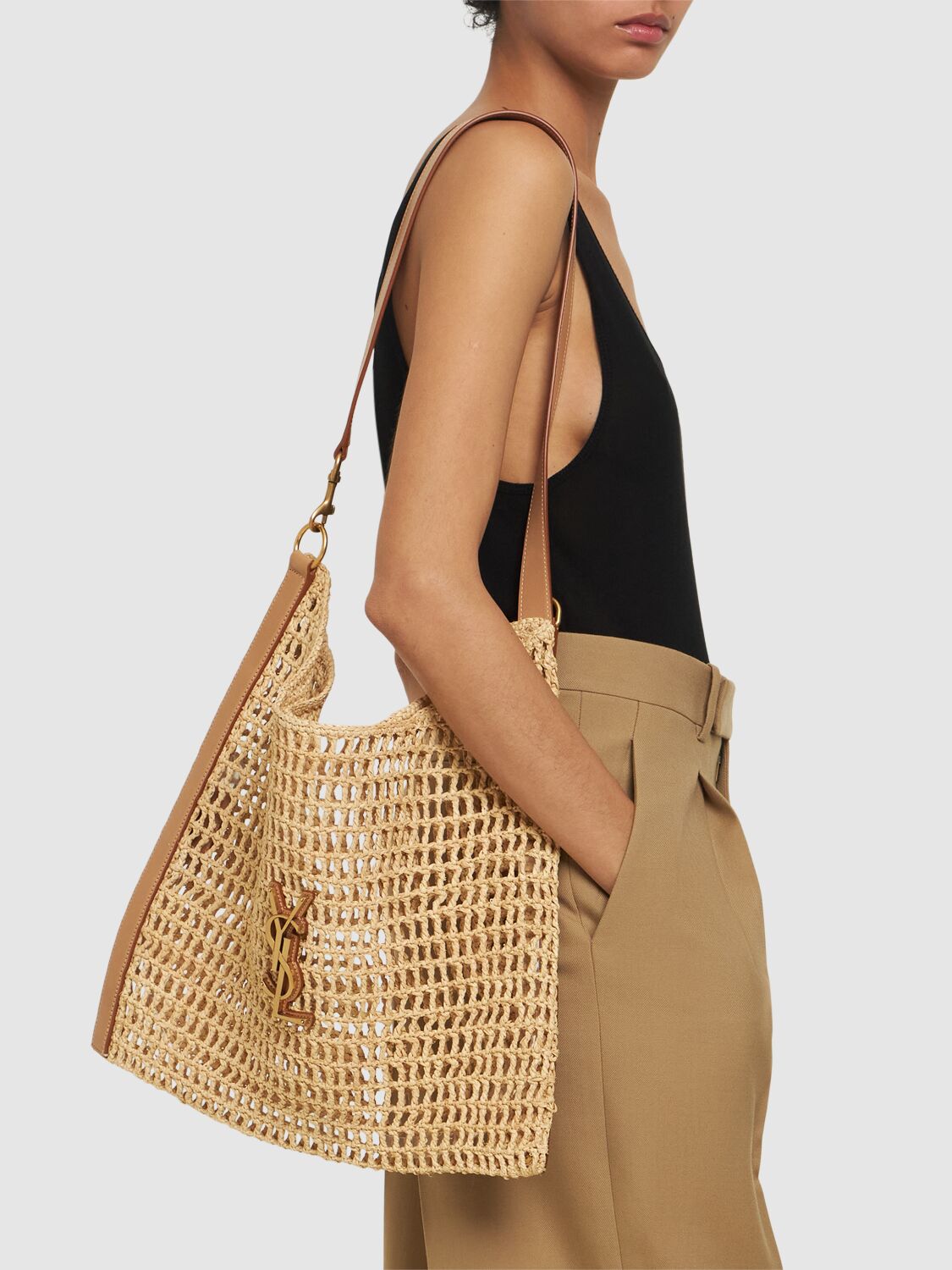 Shop Saint Laurent Oxalis Raffia Shoulder Bag In Naturel