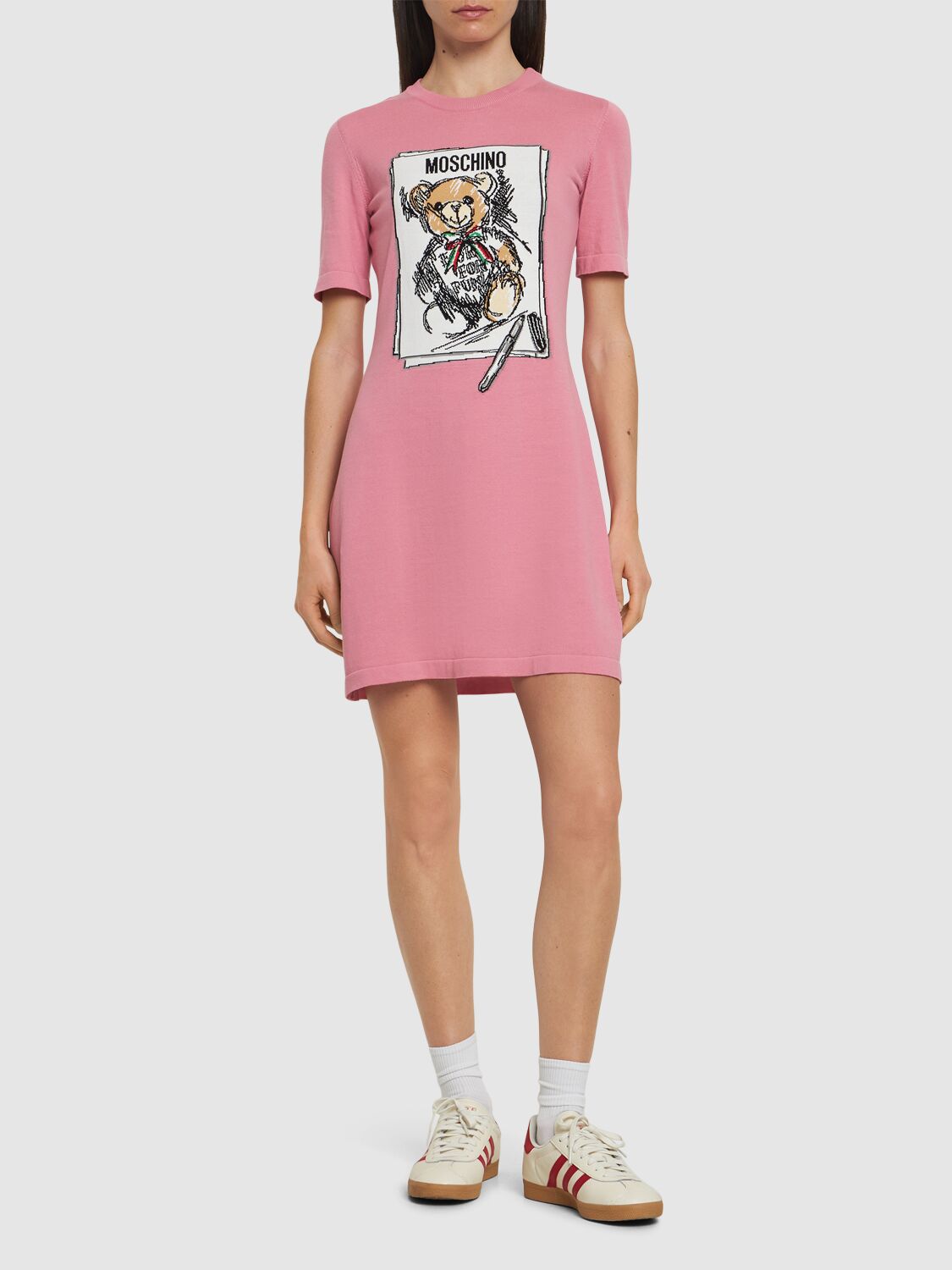 Shop Moschino Printed Cotton Knit S/s Mini Dress In Pink