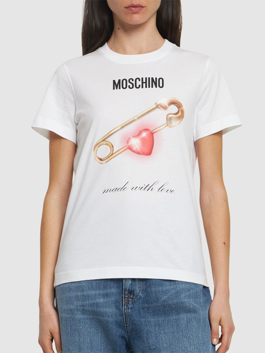 Shop Moschino Printed Cotton Jersey T-shirt In White