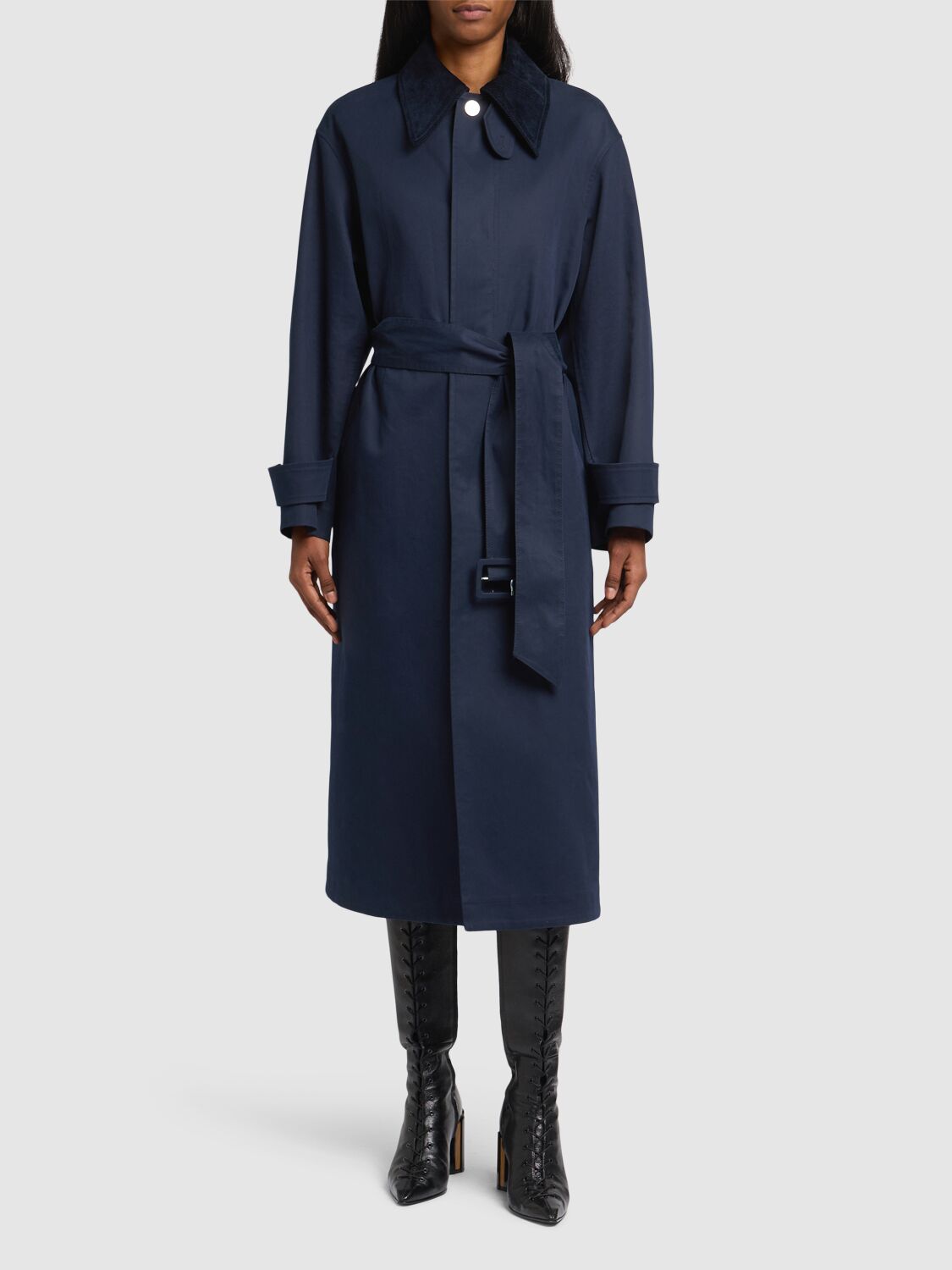 Shop Ami Alexandre Mattiussi Belted Mac Cotton Canvas Trench Coat In Navy