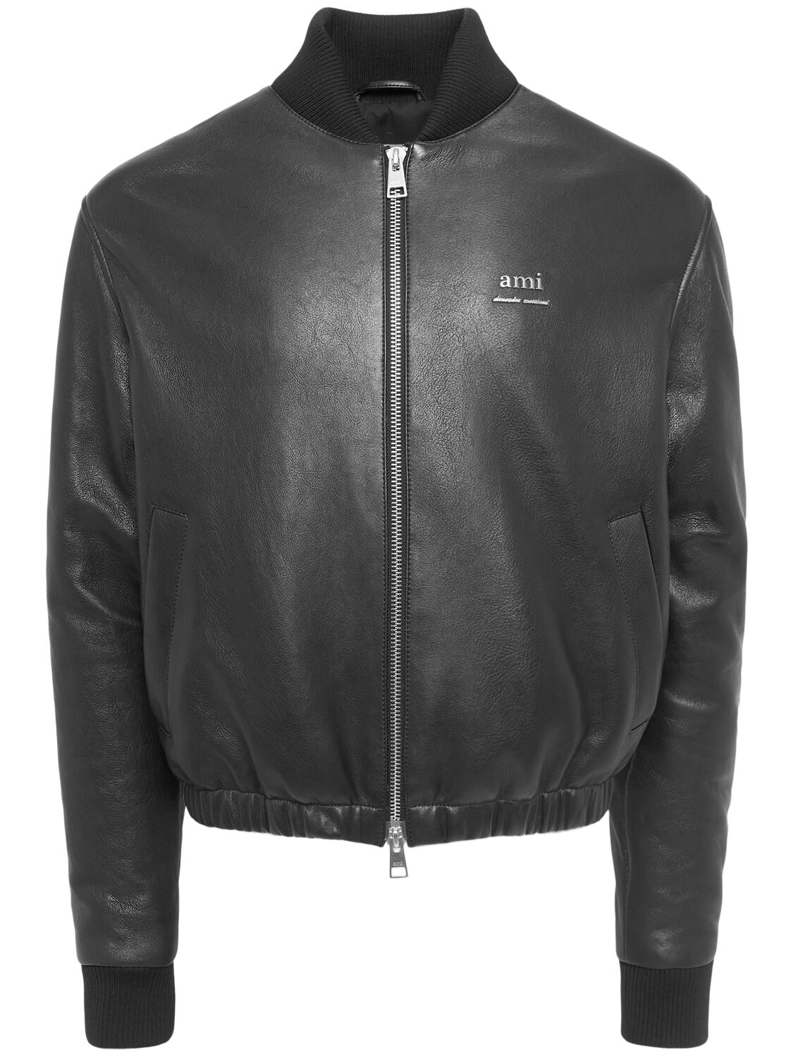Ami Alexandre Mattiussi Smooth Leather Logo Bomber Jacket In Black
