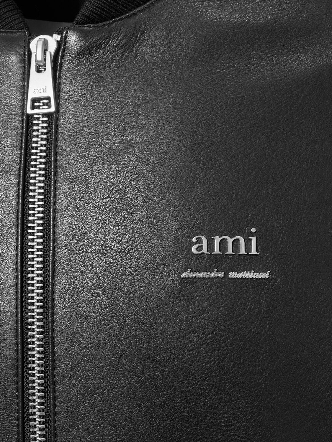 Shop Ami Alexandre Mattiussi Smooth Leather Logo Bomber Jacket In Black