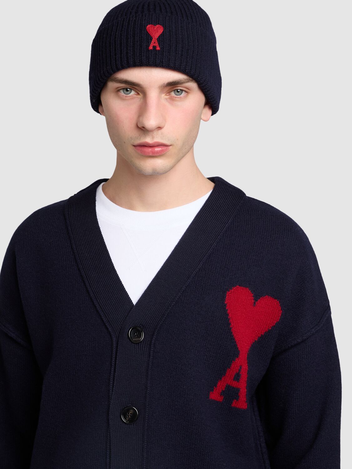 Shop Ami Alexandre Mattiussi Adc Logo Wool Beanie In Navy/red/414