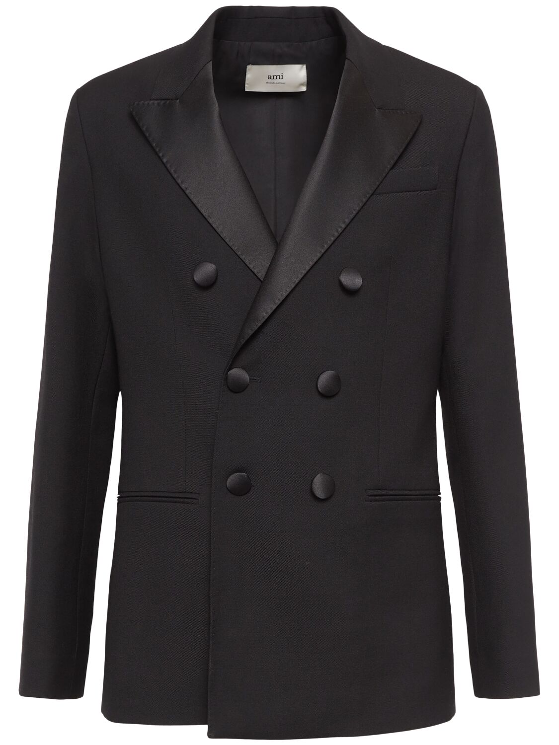Ami Alexandre Mattiussi Double Breasted Wool Tuxedo Jacket In Black