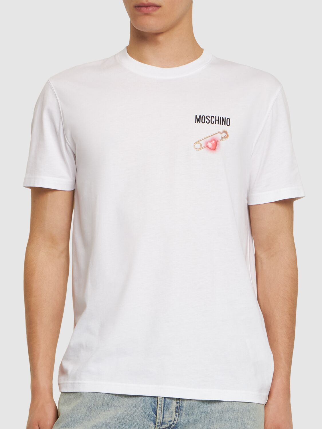 Shop Moschino Heart Safety Pin T-shirt In White