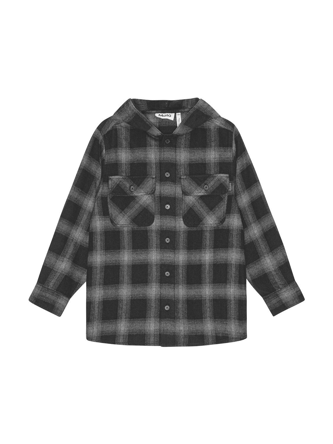 Molo Check Print Cotton Hooded Shirt In Gray