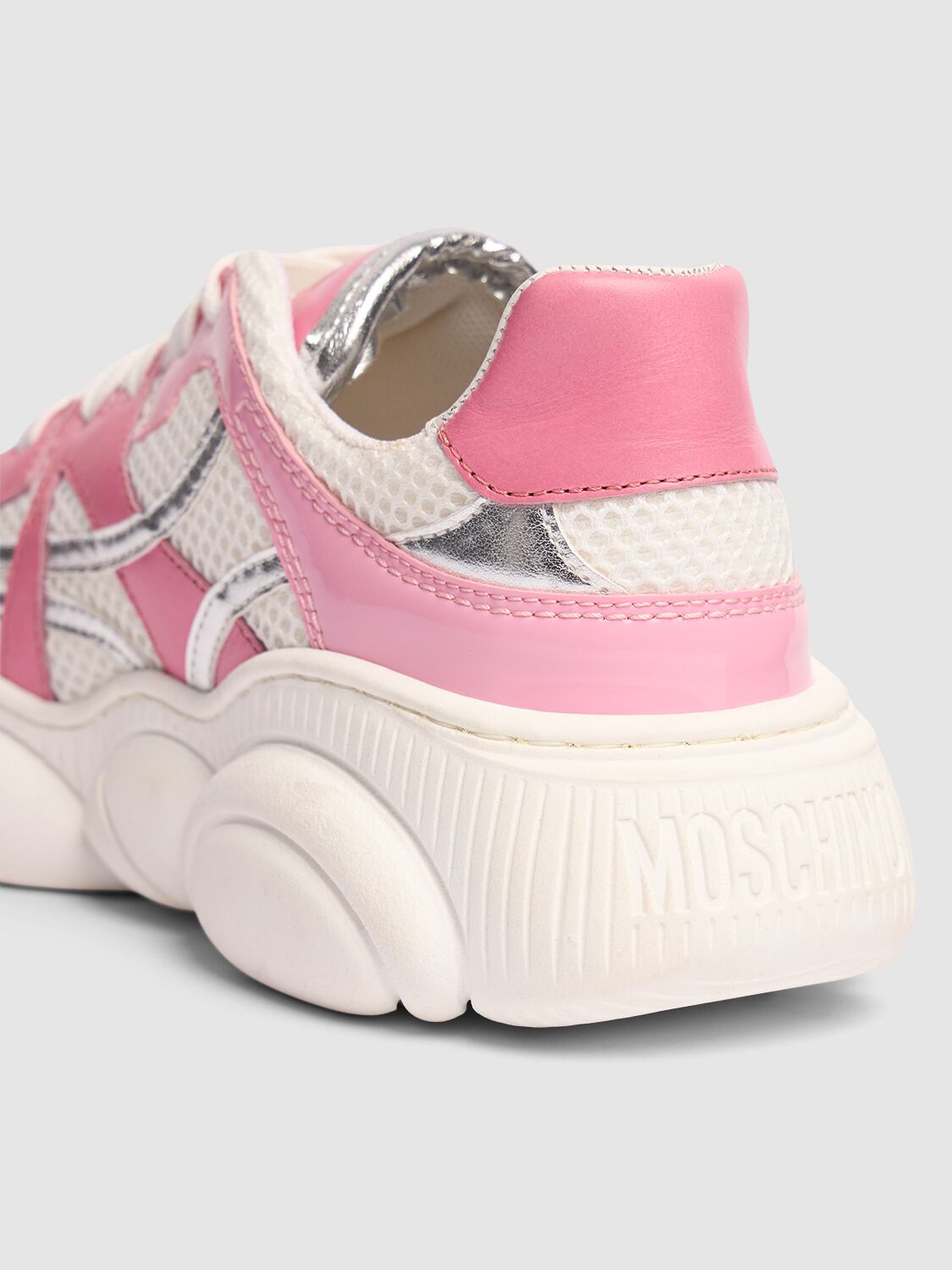 Shop Moschino Faux Leather Sneakers In Pink/white