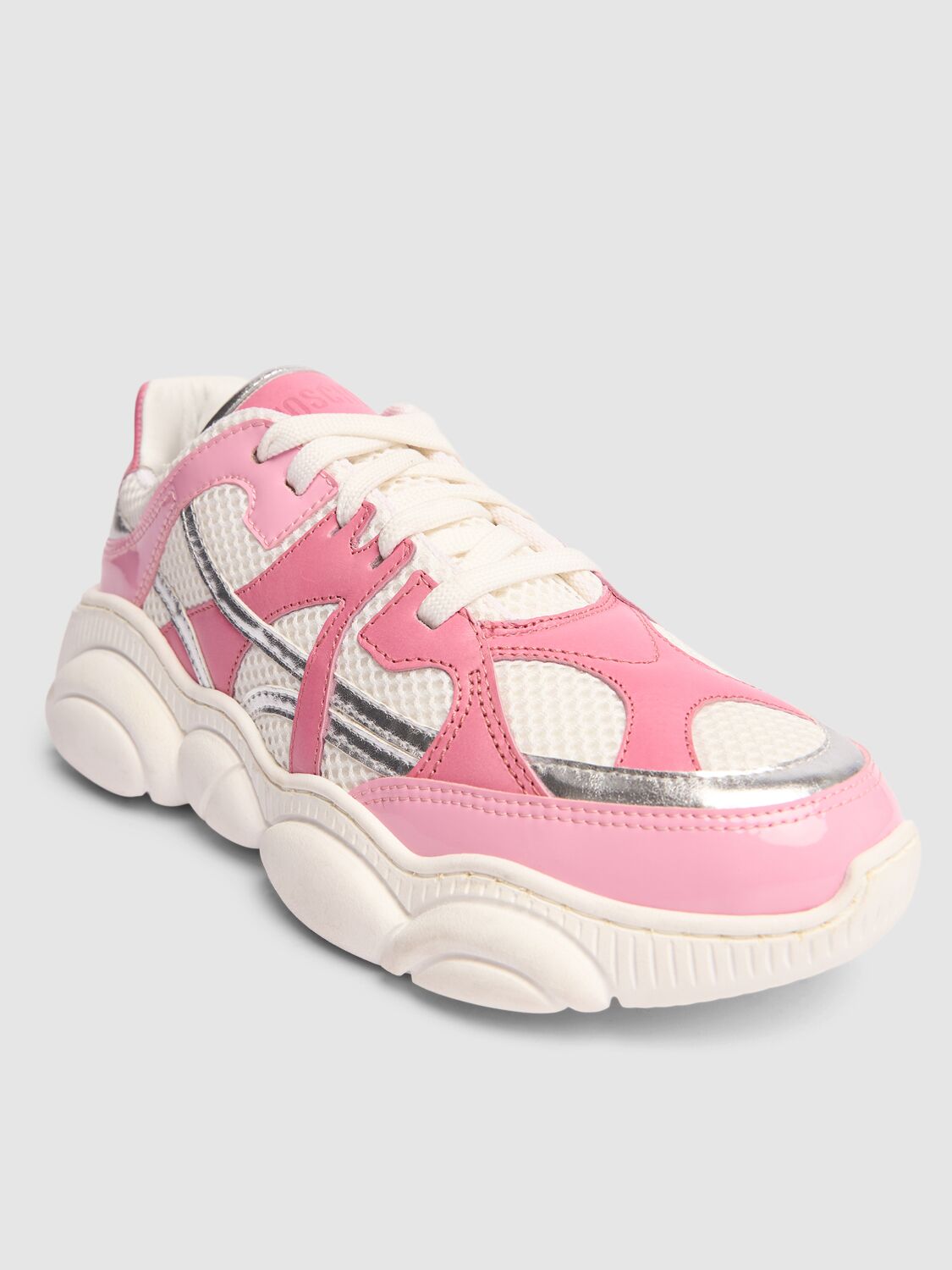 Shop Moschino Faux Leather Sneakers In Pink/white