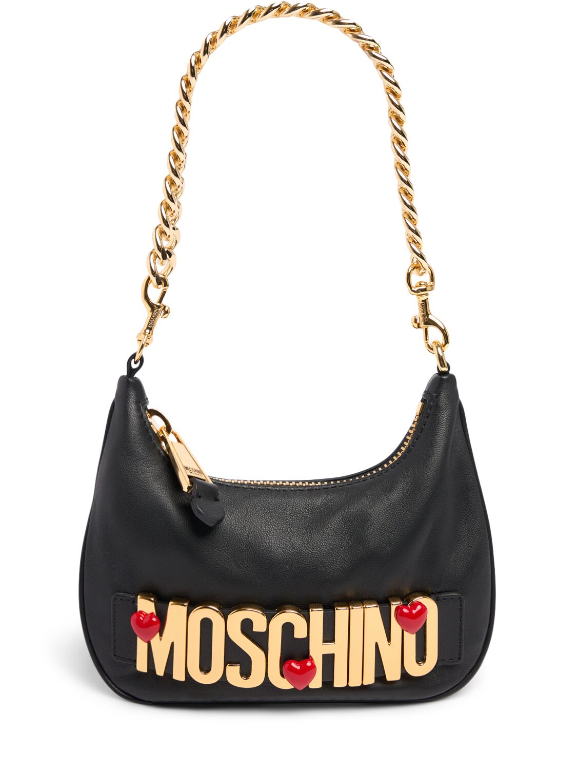 Moschino Heart Logo Napa Leather Shoulder Bag In Black