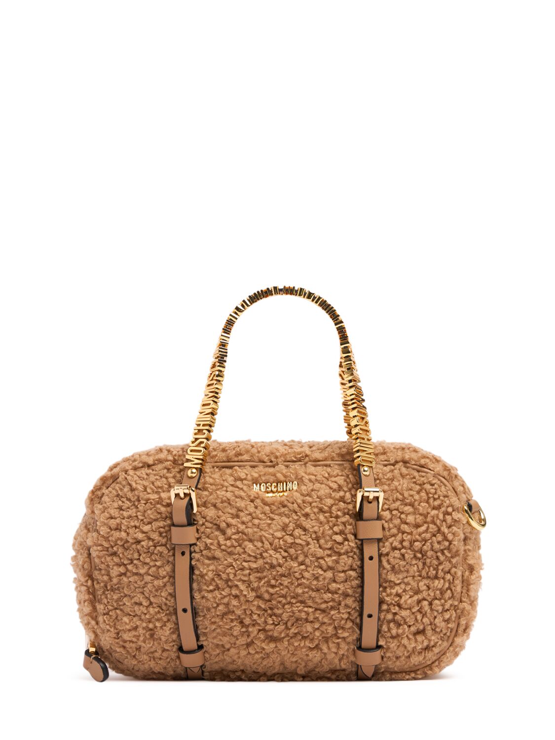 Moschino Mini Soft Lettering Shearling Bag In Brown