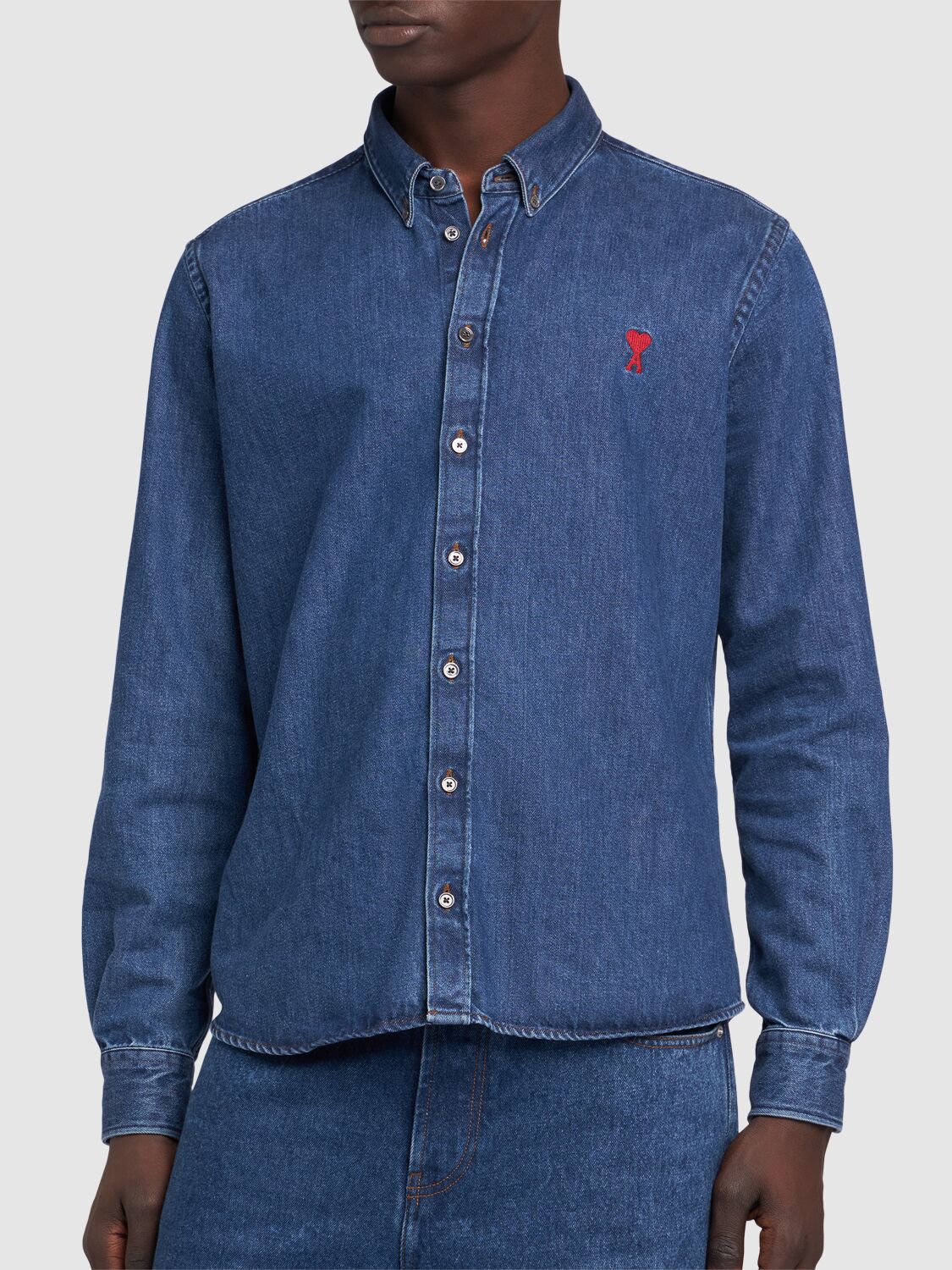 Shop Ami Alexandre Mattiussi Adc Button Down Denim Shirt In Used Blue