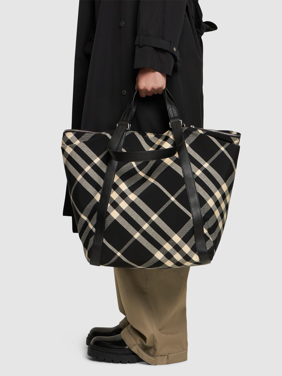 Shop Burberry Check Jacquard Tote Bag In Black,calico