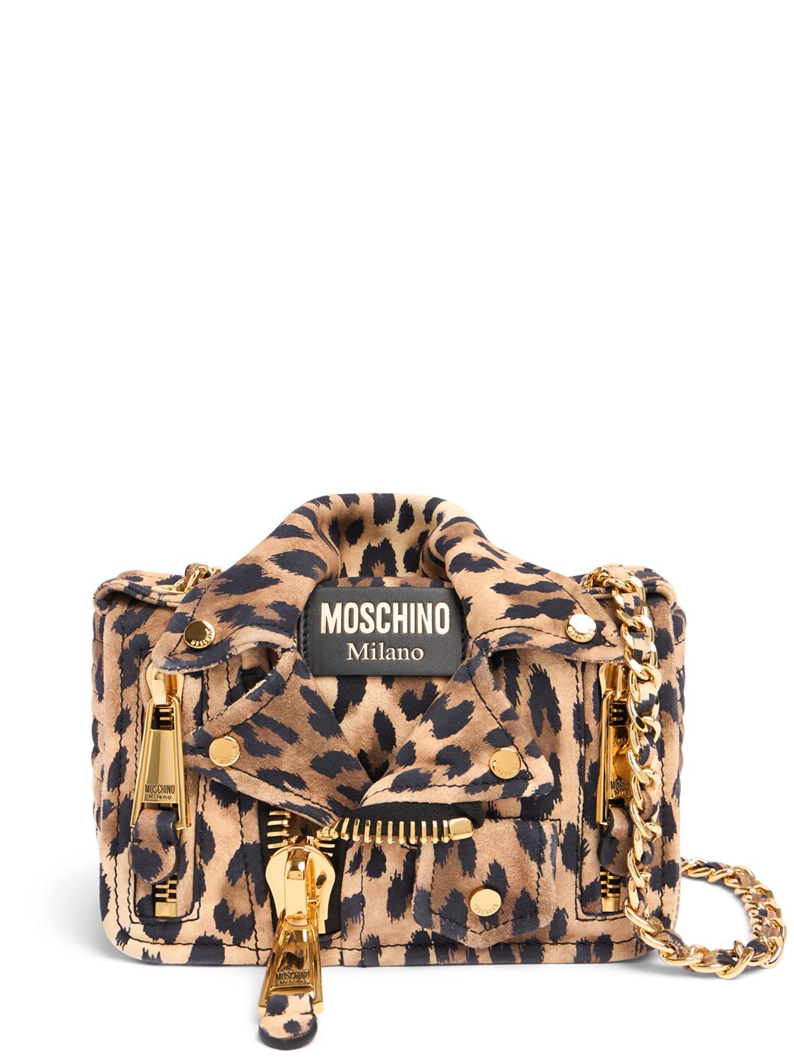 Moschino Biker Printed Suede Shoulder Bag In Leopard