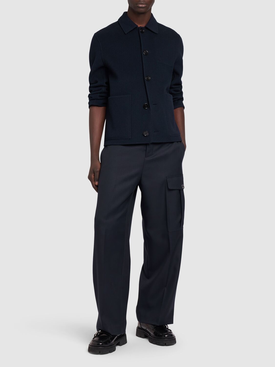 Shop Ami Alexandre Mattiussi Straight Wool Gabardine Cargo Pants In Navy