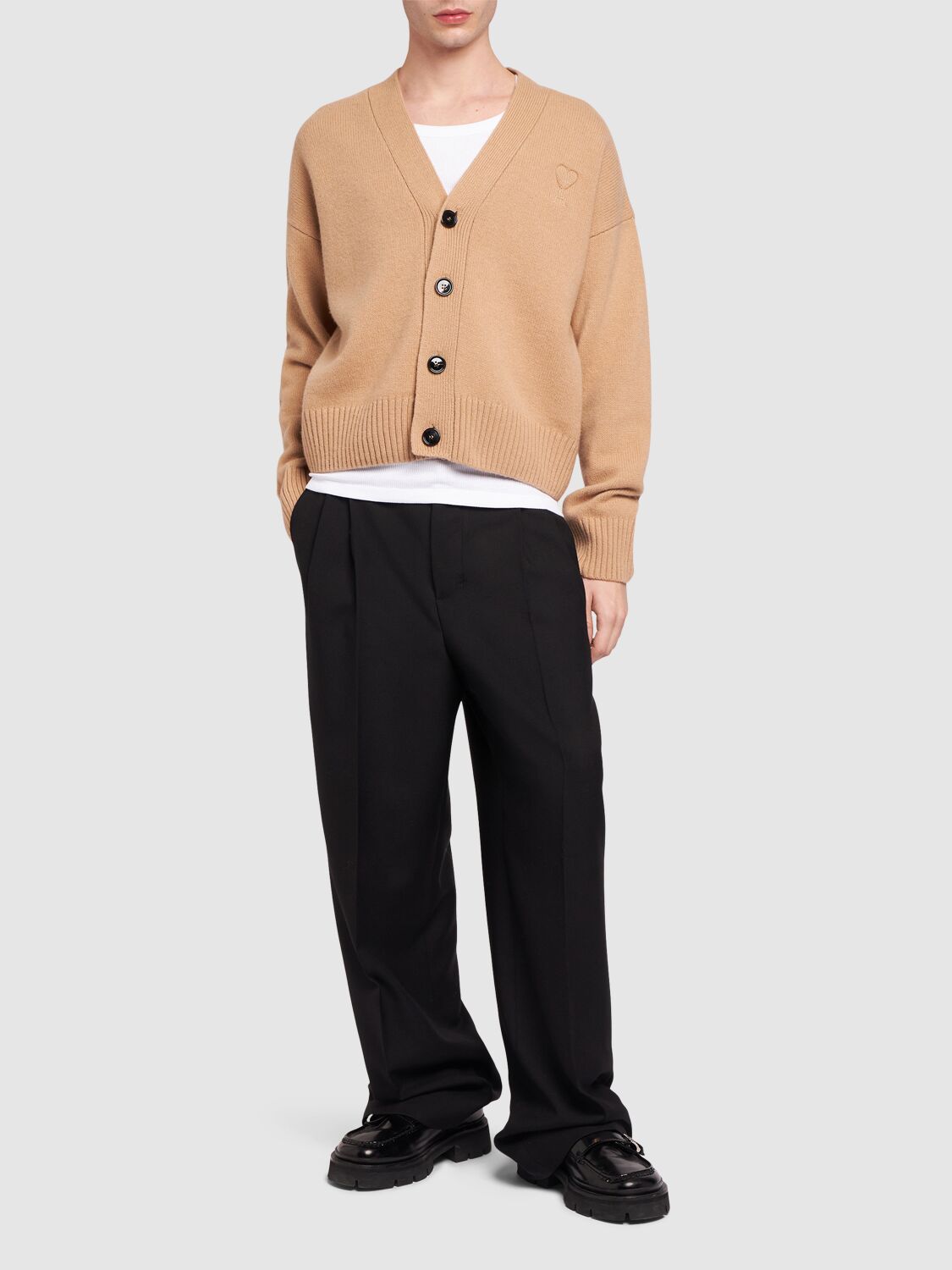 Shop Ami Alexandre Mattiussi Adc Logo Wool Cashmere Cardigan In Nude